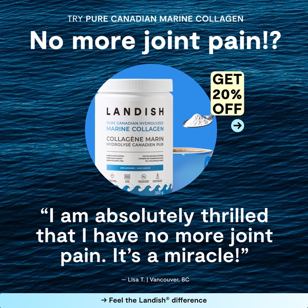 A square ad creative featuring a product testimonial for hydrolyzed marine collagen, emphasizing pain relief as the primary benefit.